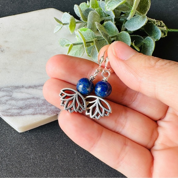 Lapis Lazuli Earrings with Lotus Flower Sterling Silver Lever Back - Picture 9 of 11